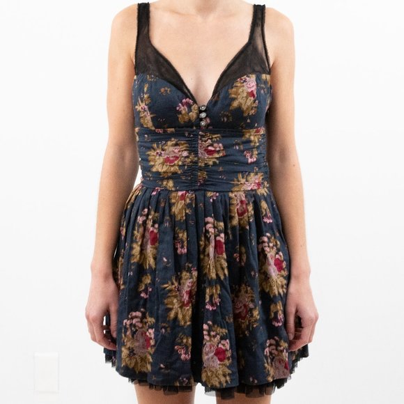 Free People XS Floral Print Cotton Mini Dress Blue - Picture 1 of 9